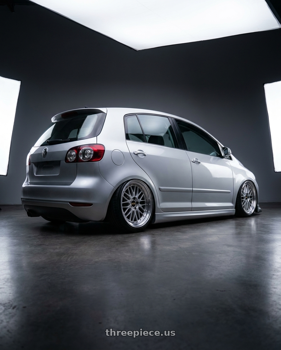 2006 Volkswagen golf plus with BBS LM 5x114.3 17x7.5+38 Diamond Silver wheels rear three quarter view slight stretch tires