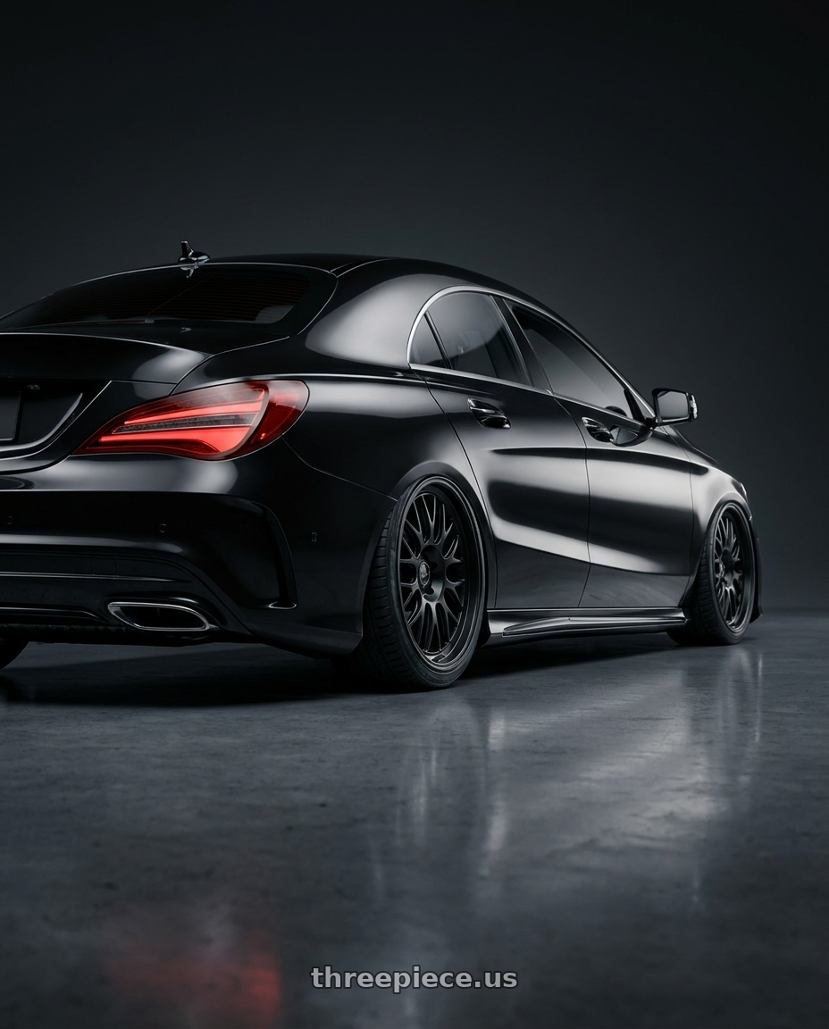 2018 Mercedes-Benz CLA C117 with fifteen52 HOLESHOT 5x112 19x8.5 +45 ASPHALT BLACK (SATIN BLACK) wheels rear three quarter view slight stretch tires