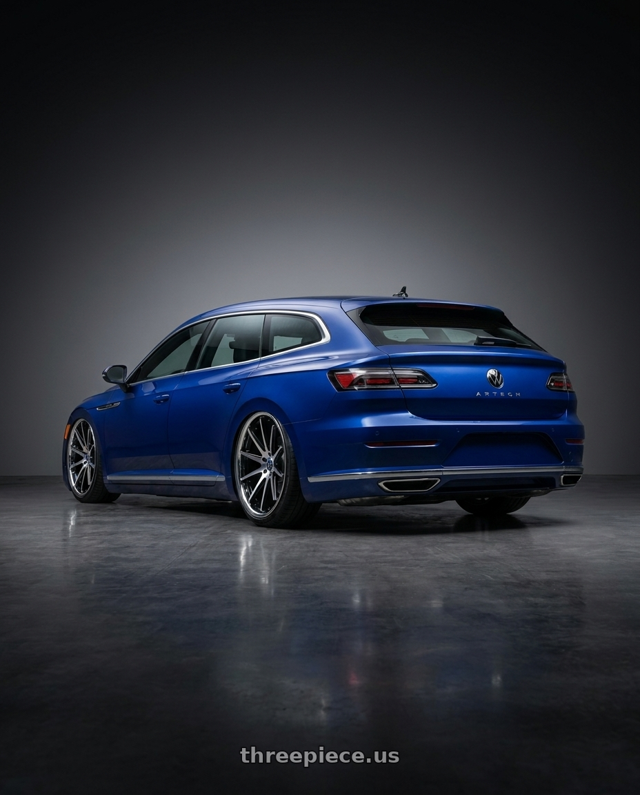 2023 Arteon shooting break with Rohana RFC10 5x112 20x9+35 Machine Black/Chrome Lip wheels rear three quarter view slight stretch tires