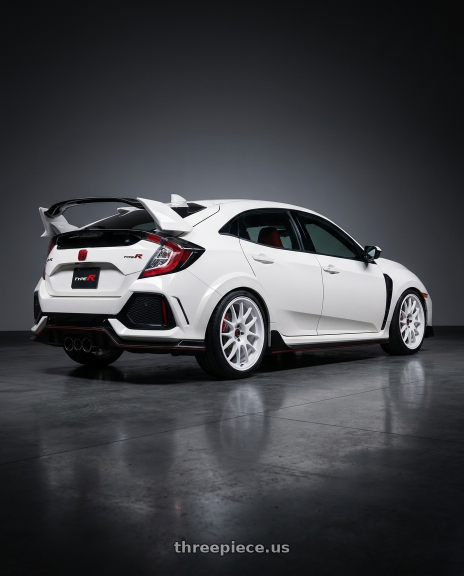2019 Honda Civic Type R with Work Emotion m8r 5x120 18x9.5 +38 White wheels rear three quarter view slight stretch tires