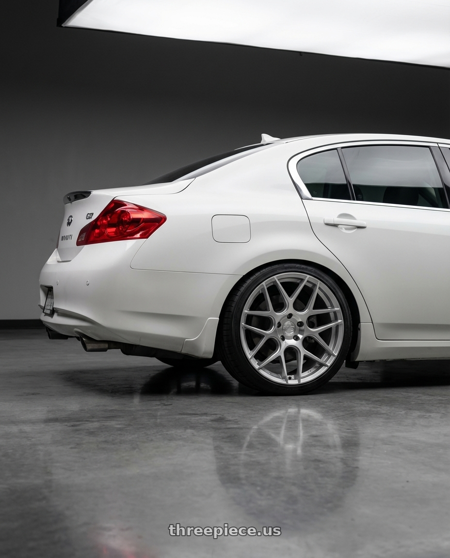 2012 Infiniti G37 with Aodhan AFF2 5x114.3 19x8.5+35 Gloss Silver Machined Face wheels rear three quarter view square tires