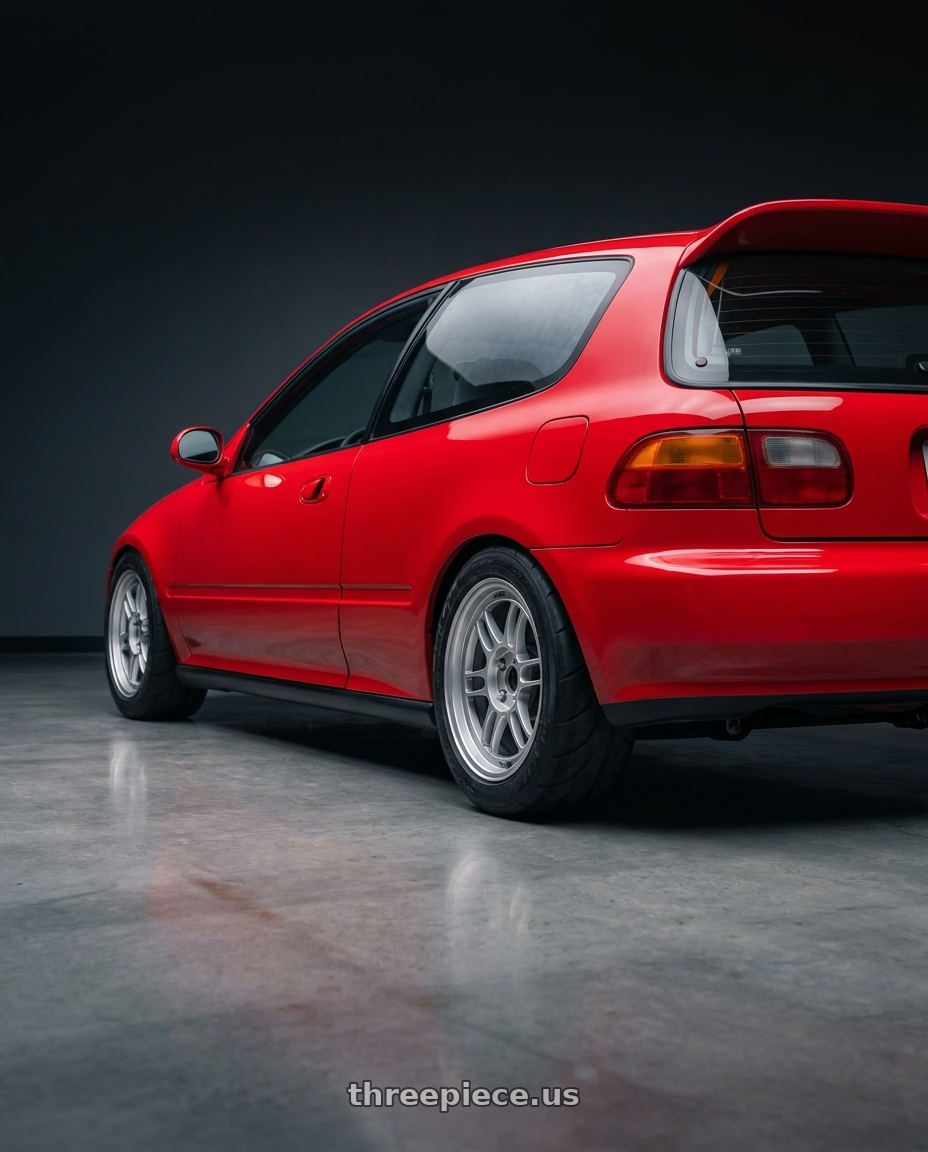 1992 CIVIC EG with Enkei RPF1 4x100 15x7+35 Silver wheels rear three quarter view meaty tires