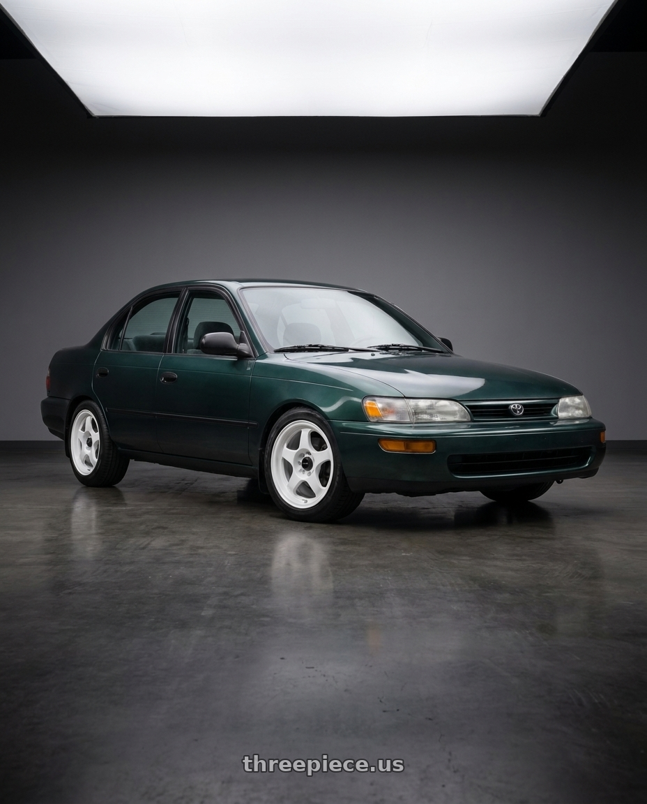 1998 Toyota Corolla with Vors SP1 4x100 15x7  +35 All White wheels front three quarter view lowered stance