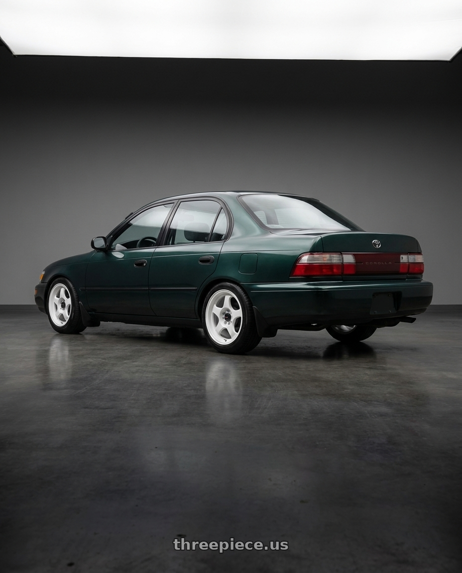 1998 Toyota Corolla with Vors SP1 4x100 15x7  +35 All White wheels rear three quarter view square tires