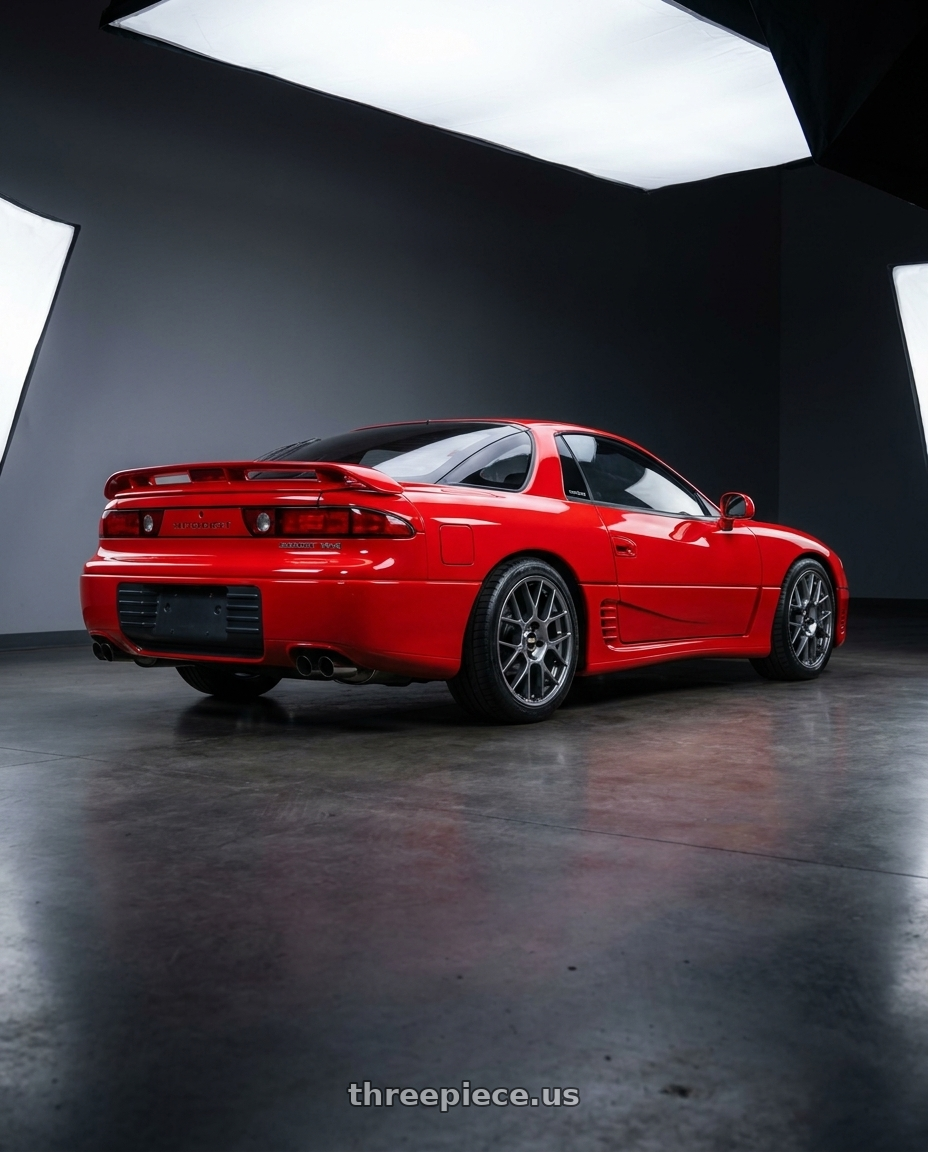 1993 Mitsubishi 3000gt vr4 with BBS XR 5x114.3 19x8.5+40 Gloss Platinum wheels rear three quarter view square tires