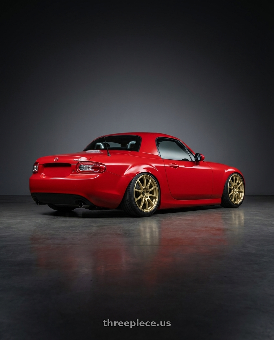 2012 Mazda MX-5 Miata NC with Advan RCIII 5x114.3 17x7+45 Gold wheels rear three quarter view slight stretch tires