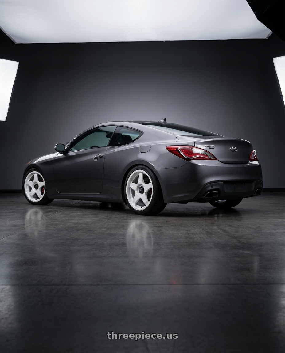 2014 Hyundai Genesis Coupe with fifteen52 CHICANE 5x114.3 / 5x120 19x8.5 +35 RALLY WHITE (GLOSS WHITE) wheels rear three quarter view square tires