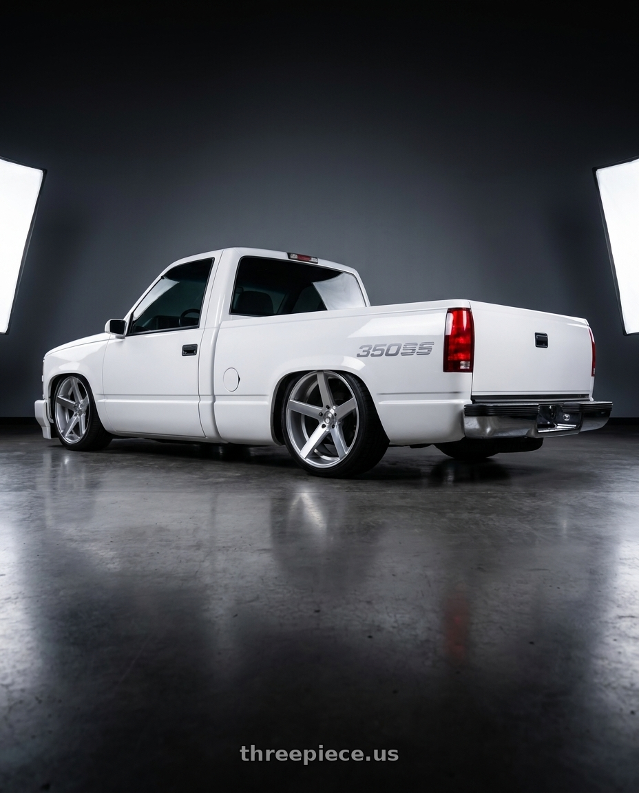 1989 chevy c1500 with Strada Perfetto 5x112 20x8.5 +40 Silver Machined wheels rear three quarter view square tires