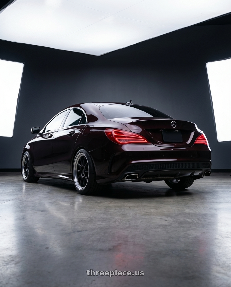 2018 Mercedes-Benz CLA C117 with Konig Countergram 5x112 19x9.5+30 Matte Black / Matte Machined Lip wheels rear three quarter view square tires