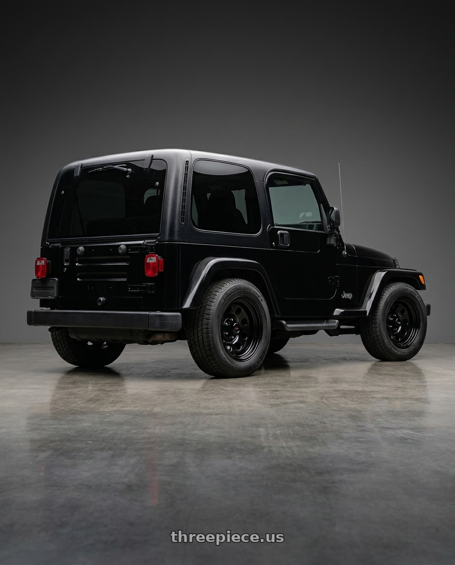 2003 Jeep Wrangler with Vision HD 85H 6x139.7 15x8-19 Gloss Black wheels rear three quarter view square tires