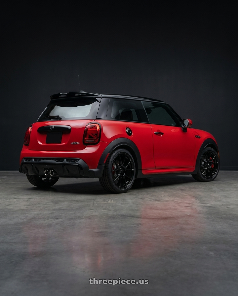 2025 mini jcw red with Enkei TS-V 5x112 18x8+45 Gloss Black wheels rear three quarter view square tires