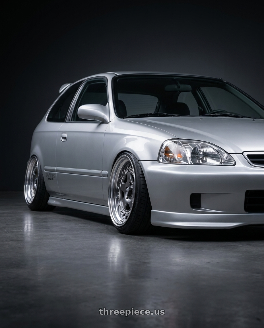 1999 Honda Civic DX with FORMULA AERO SPOKE 4x100 16X6.5+45 NR Disk Titan Silver wheels front three quarter view stanced stance