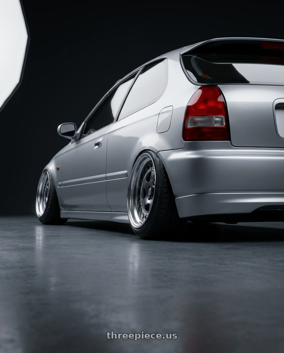 1999 Honda Civic DX with FORMULA AERO SPOKE 4x100 16X6.5+45 NR Disk Titan Silver wheels rear three quarter view extreme stretch tires