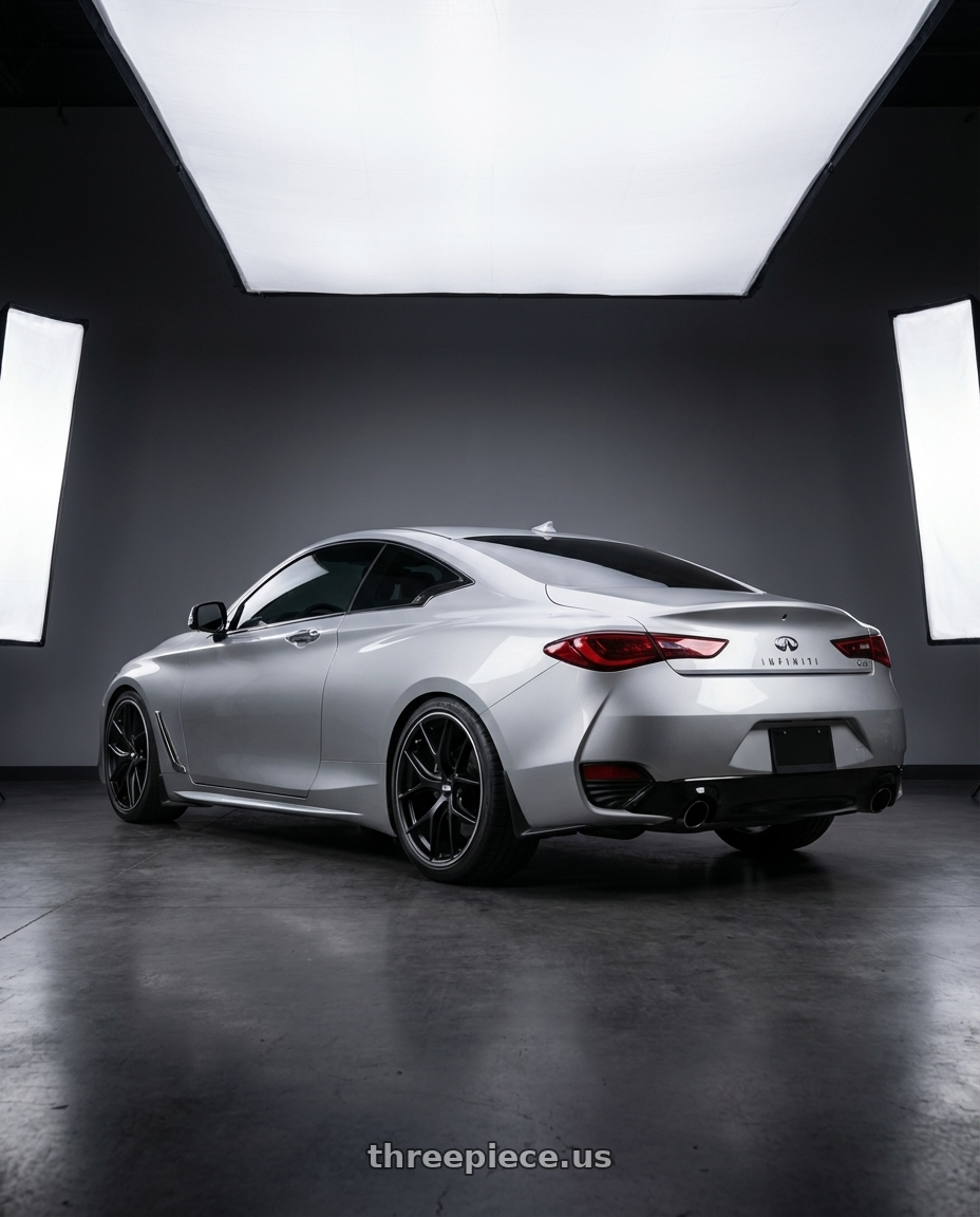 2020 Infiniti Q60 with BBS CC-R 5x114.3 19x8.5+30 Satin Black wheels rear three quarter view square tires