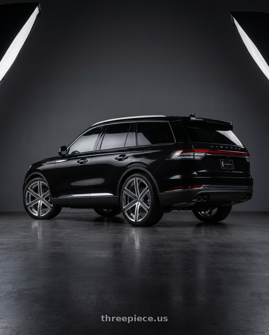 2025 Lincoln Aviator with Blade Luxury RT-454 Sargon 6x139.7 24x9.5 +25 Chrome wheels rear three quarter view square tires