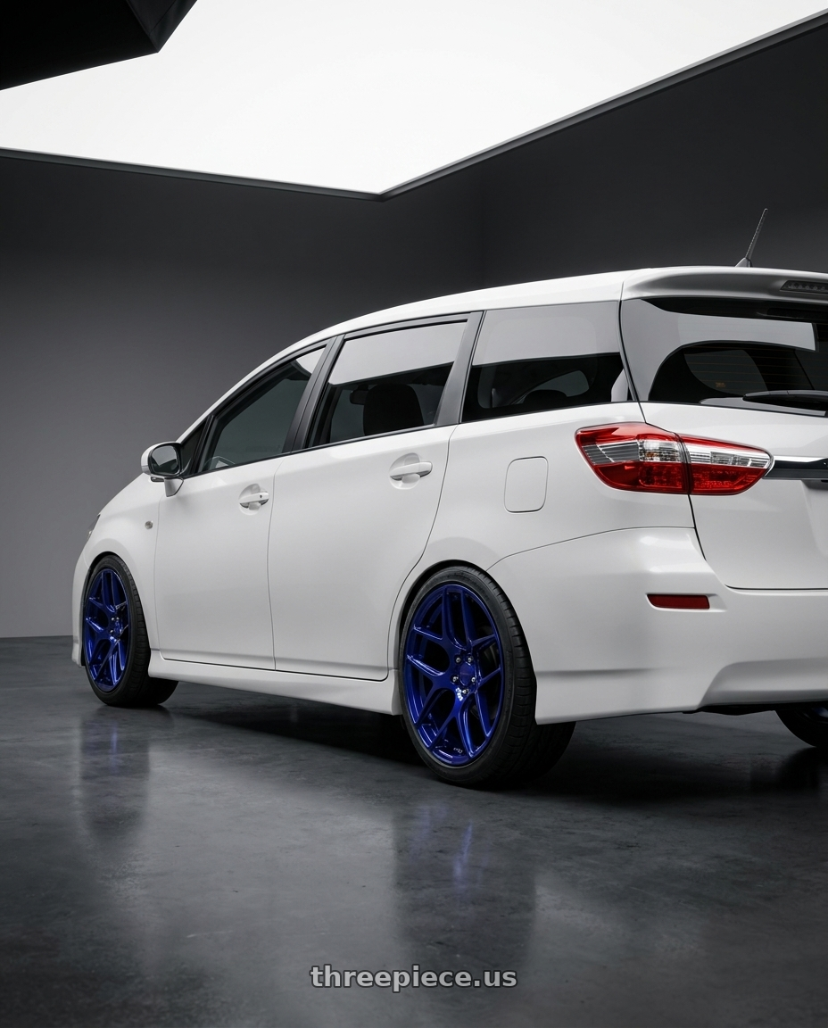2013 Toyota Wish with MRR FS1 5x130 18x8.5  +45 Candy Blue wheels rear three quarter view square tires