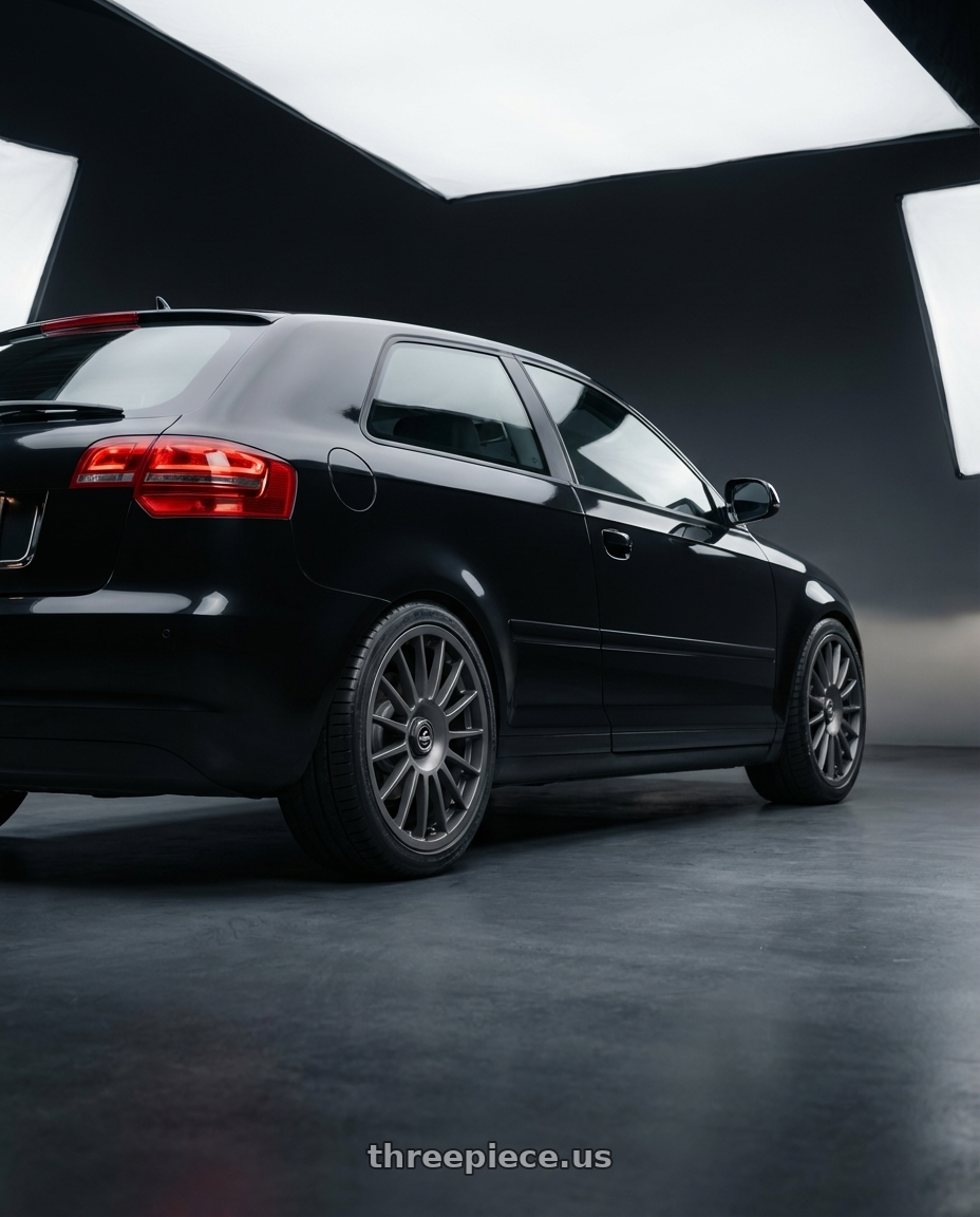 2012 Audi A3 8P with fifteen52 PODIUM 5x112 / 5x120 18x8.5 +35 FROSTED GRAPHITE (SATIN GREY) wheels rear three quarter view square tires