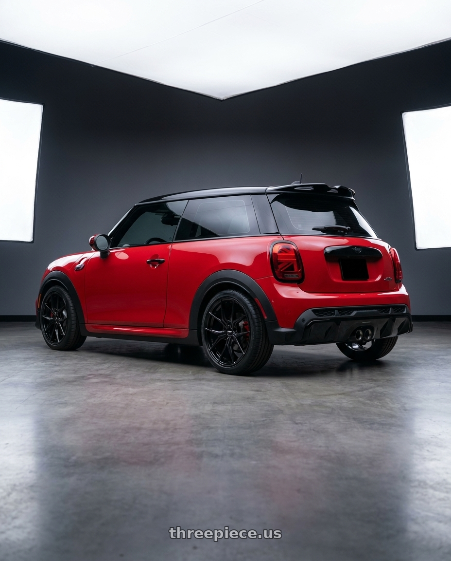 2025 mini jcw red with Enkei TSR-X 5x112 18x8+45 Gloss Black wheels rear three quarter view square tires