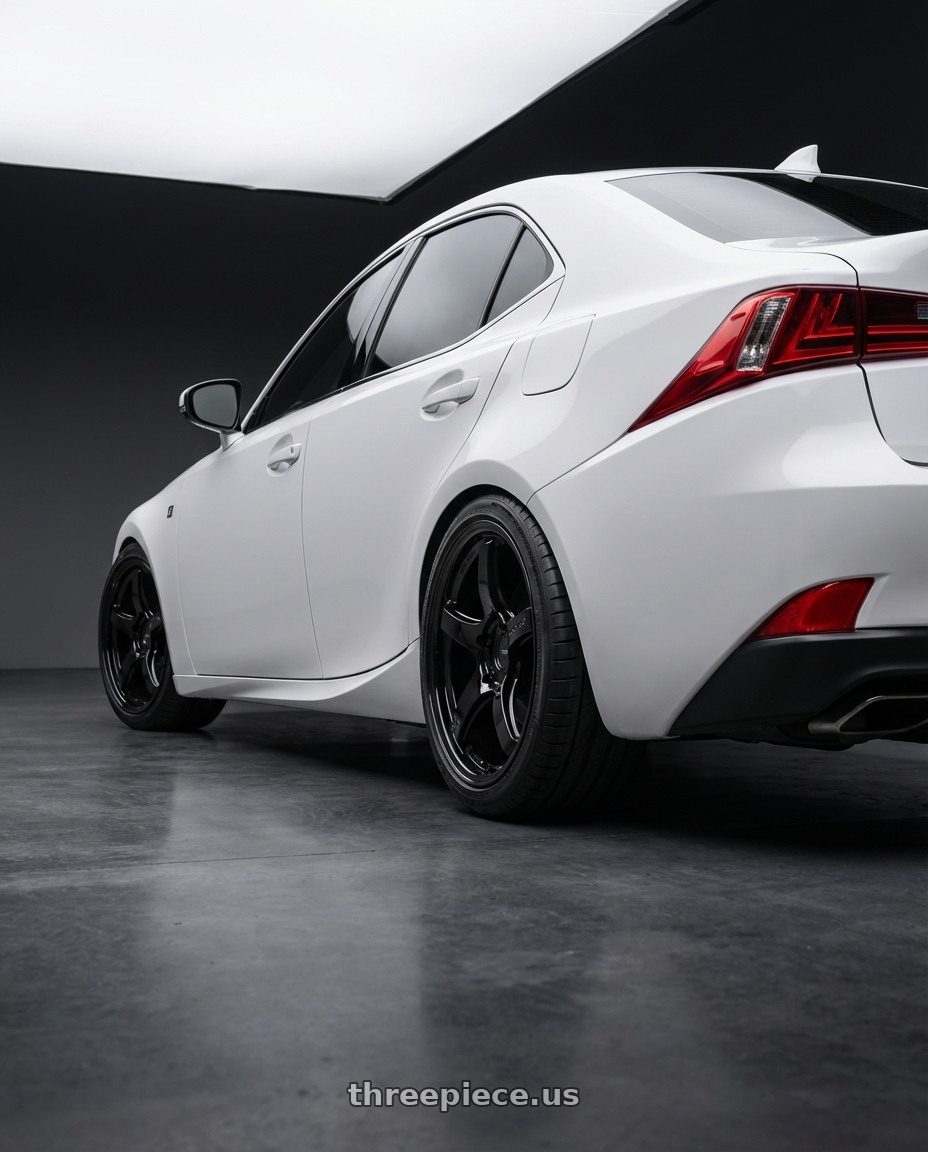 2018 Lexus IS 350 F Sport with Gram Lights 57CR 5x114.3 19x9.5+35 Glossy Black wheels rear three quarter view square tires