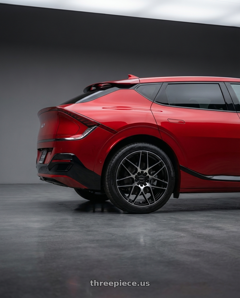 2024 kia ev6 with Motiv 435MB Foil 5x114.3/5X120 20x8.5 +40 Gloss Black Machined Face wheels rear three quarter view square tires