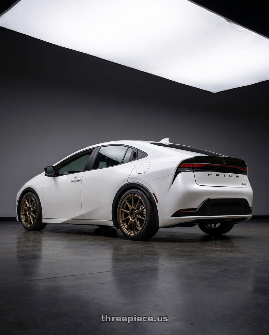 2024 Toyota Prius with Konig Dekagram 5x114.3 17x8+40 Gloss Bronze wheels rear three quarter view square tires