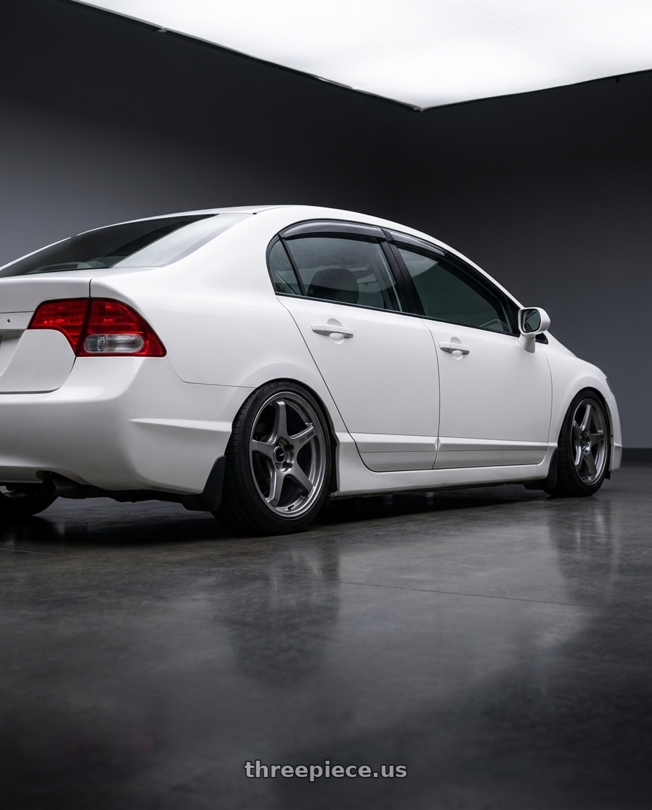 2007 honda civic ex with Enkei TS-5 5x114.3 18x8.5+38 Storm Grey wheels rear three quarter view square tires