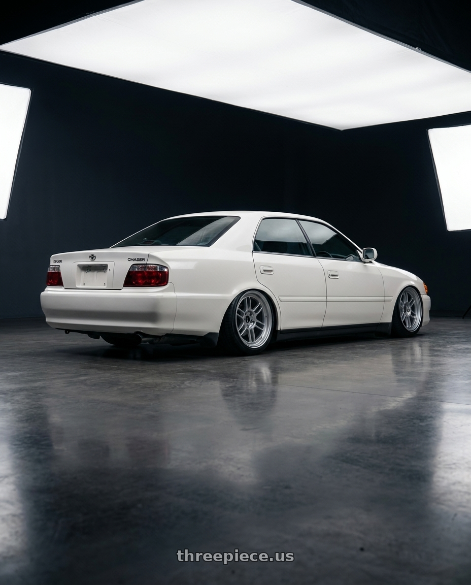 1999 Toyota chaser tourer gp with Enkei RPF1 5x112 18x7.5+48 Silver wheels rear three quarter view slight stretch tires