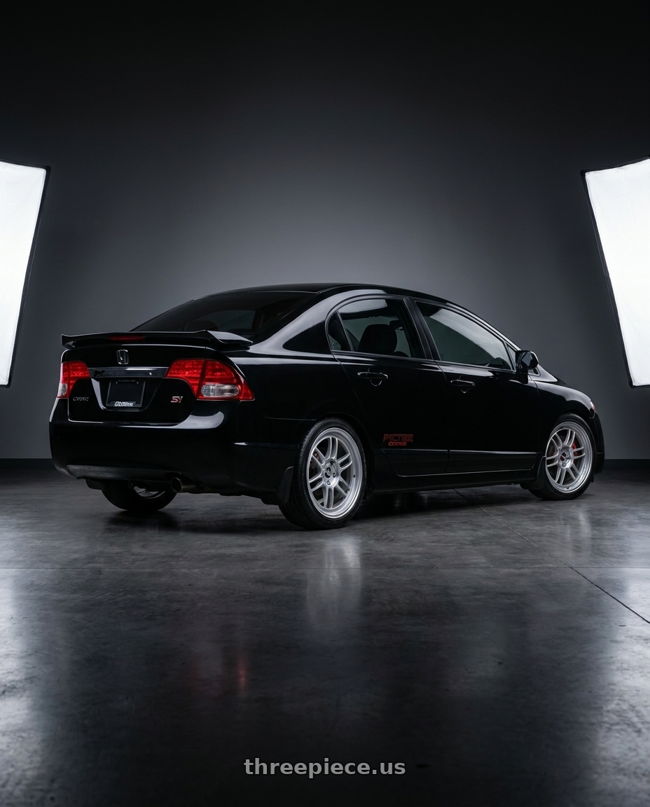 2008 Honda Civic Si Sedan with Enkei RPF1 5x114.3 17x7+45 Silver wheels rear three quarter view square tires