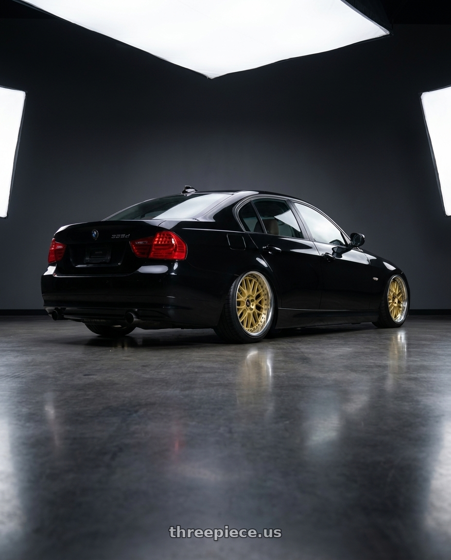 2010 Bmw 335d black with Work Vs-Xx 5x120 18x9.5+45 A Disk Gold wheels rear three quarter view square tires