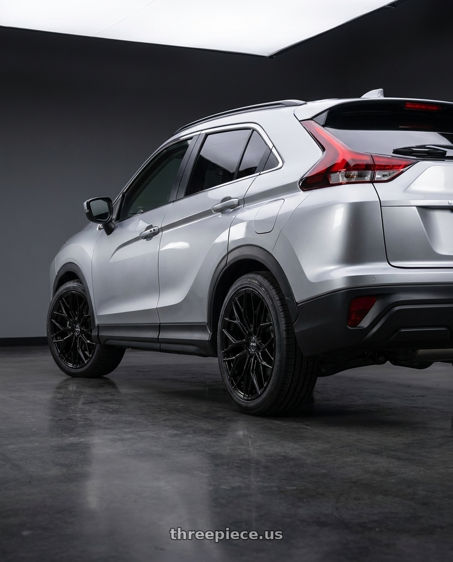 2022 Mitsubishi Eclipse cross with F1R FS3 5x114 18x8.5 +38 Gloss Black wheels rear three quarter view square tires