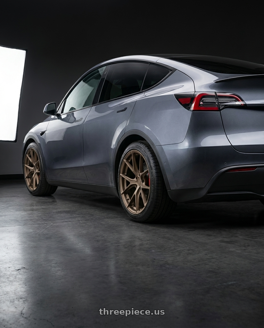 2023 Tesla Model Y Performance with Aodhan AFF7 5x114.3 19x9.5+35 Matte Bronze wheels rear three quarter view square tires