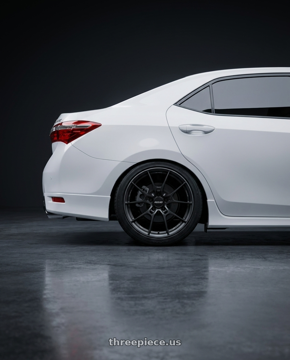 2014 TOYOTA ALTIS with Volk Racing G025 5x114.3 18x7.5+48 Matte Gunblack / Rim Edge DC wheels rear three quarter view slight stretch tires