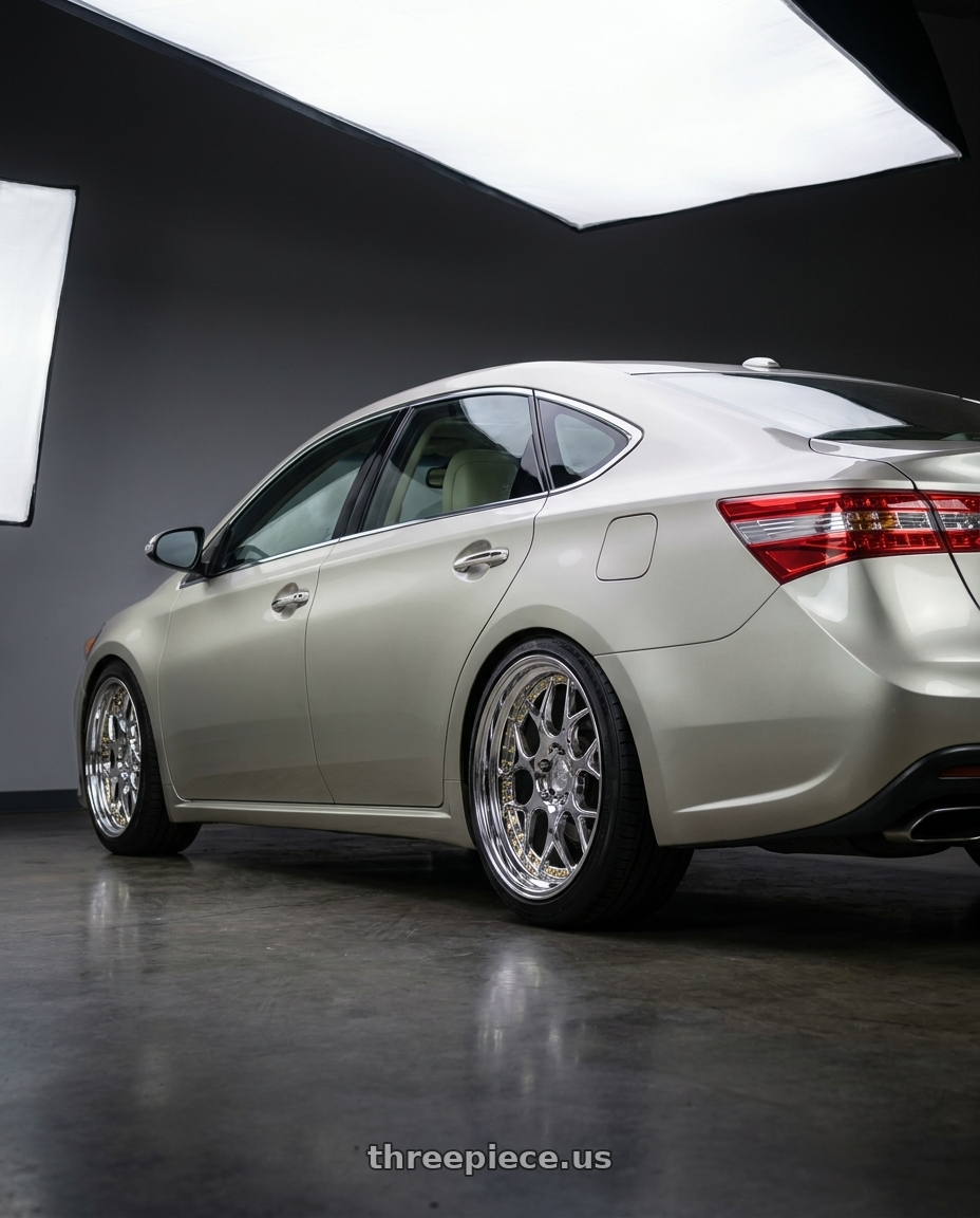 2013 toyota avalon with Aodhan DS01 5x114.3 18x8.5+35 Vacuum Chrome W/ Gold Rivets wheels rear three quarter view square tires