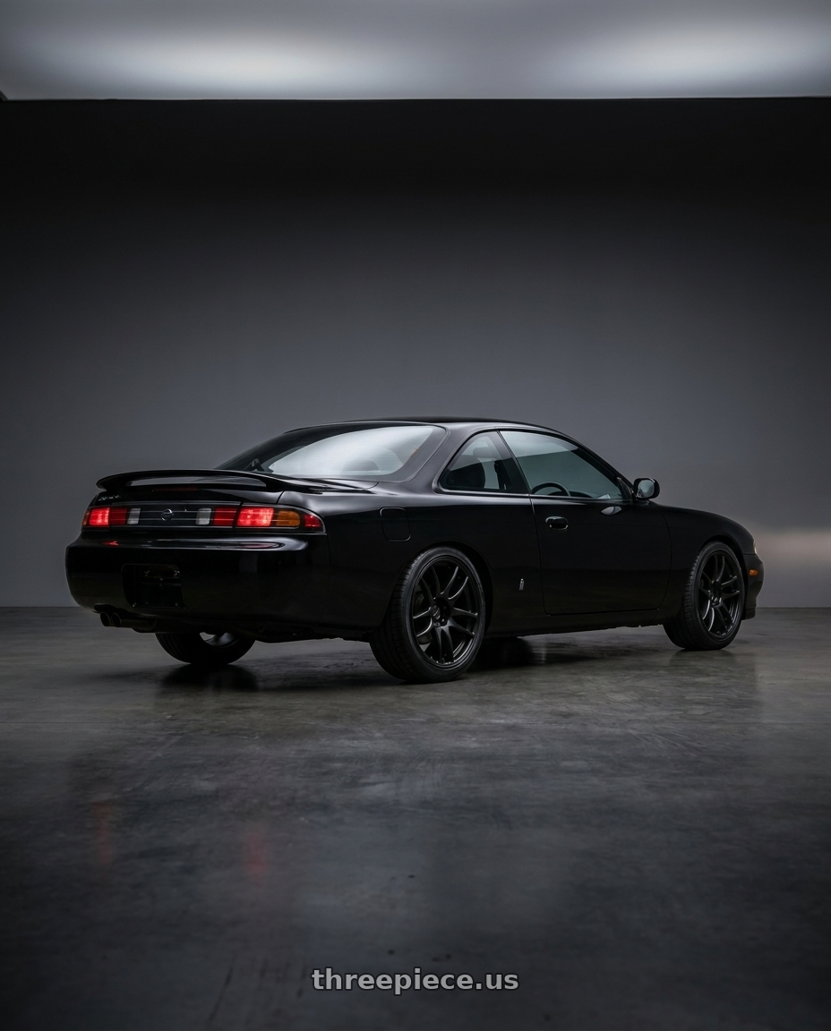 1996 Nissan Silvia K’s black with Work Emotion Cr Kiwami 5x112 17x9 +38 Matte Black wheels rear three quarter view square tires