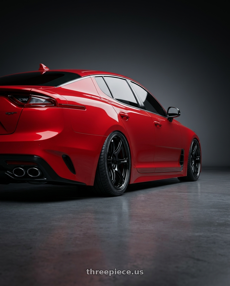 2022 Kia Stinger GT with Advan RGII 5x114.3 19x10+35 Gloss Black wheels rear three quarter view slight stretch tires