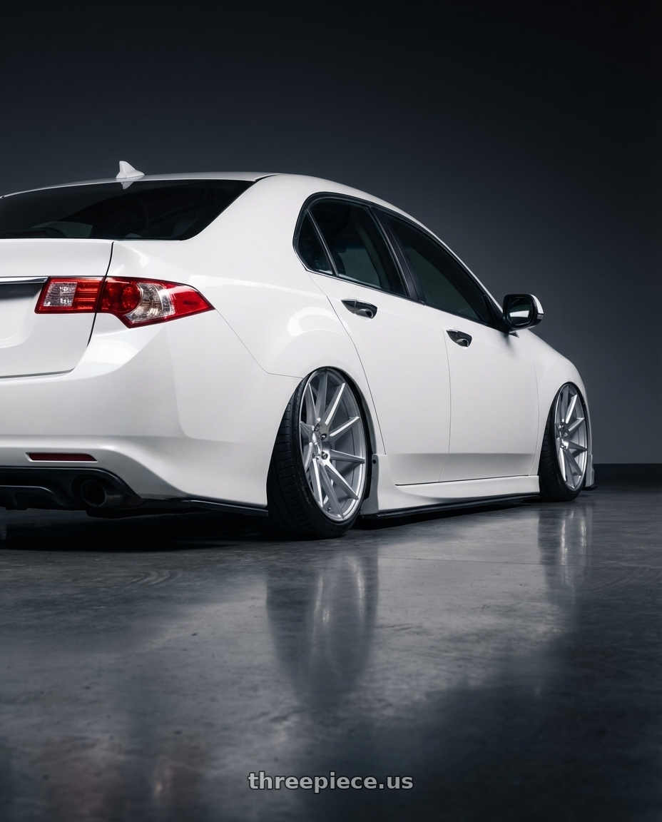 2013 Acura TSX with Niche 1PC M112 SURGE 5X114.3 19X8.5 +35 GLOSS SILVER MACHINED wheels rear three quarter view slight stretch tires