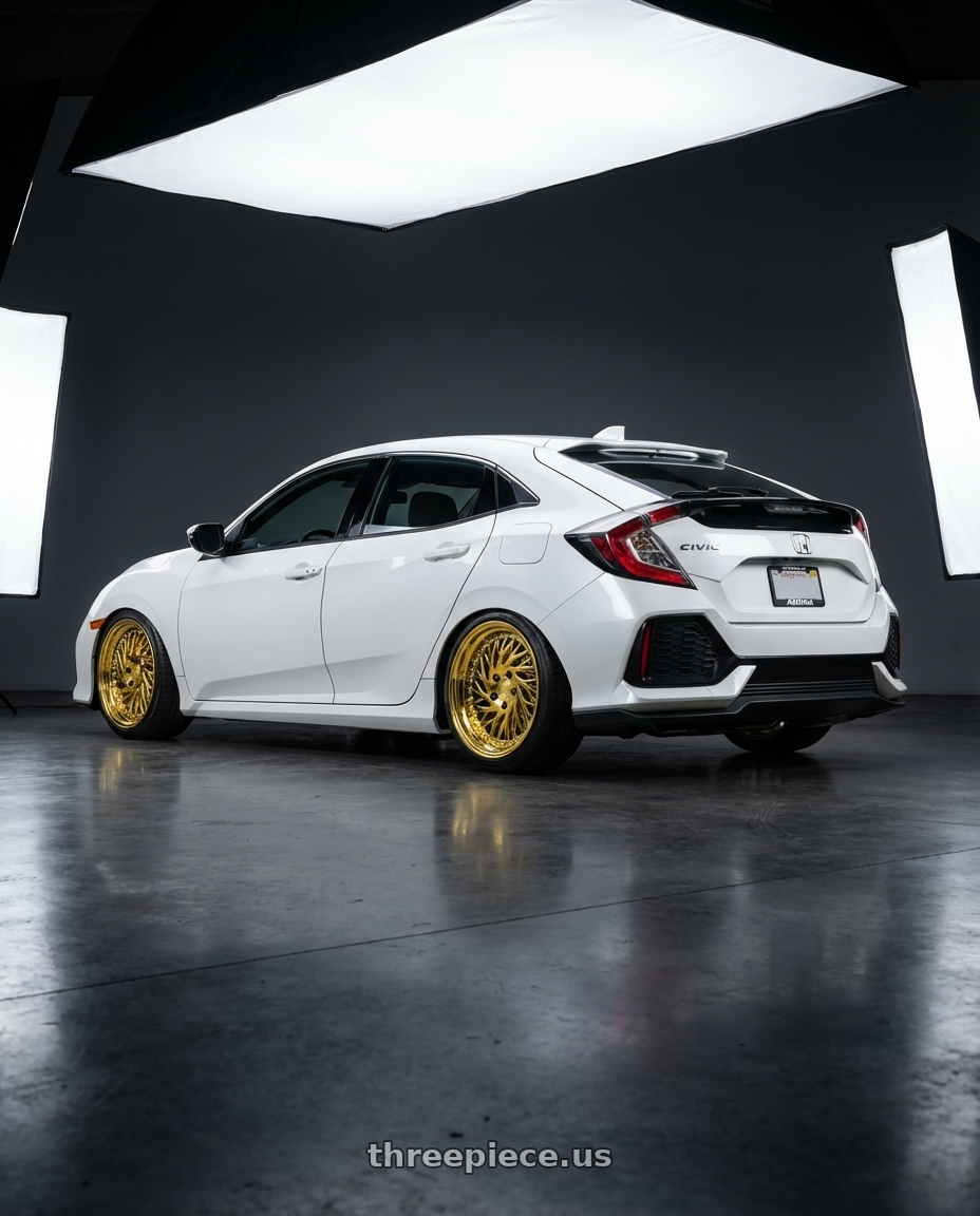 2019 Honda Civic with Aodhan DS03 5x114.3 18x9.5 +30 Gold Vacuum w/ Chrome Rivets wheels rear three quarter view square tires