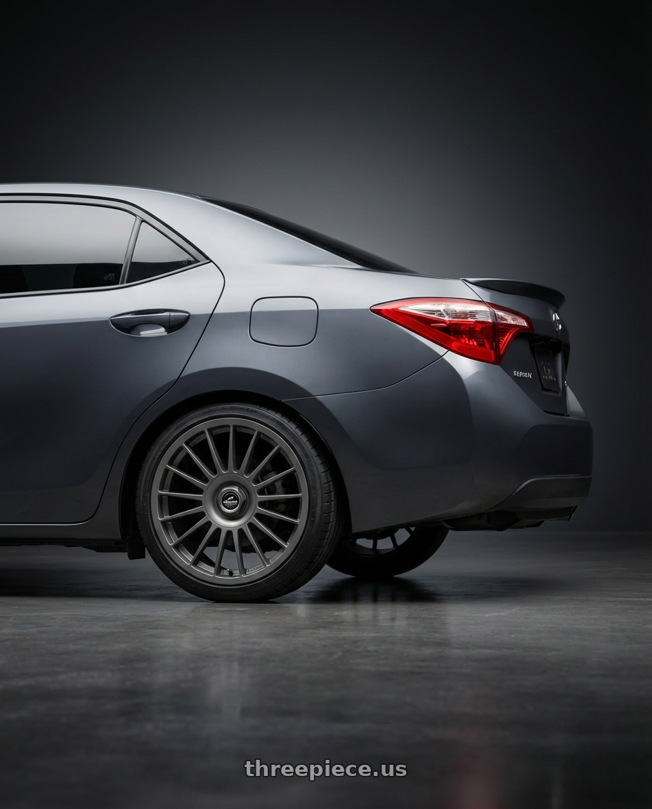 2016 Toyota Corolla S with fifteen52 PODIUM 5x112 / 5x120 18x8.5 +35 FROSTED GRAPHITE (SATIN GREY) wheels rear three quarter view square tires