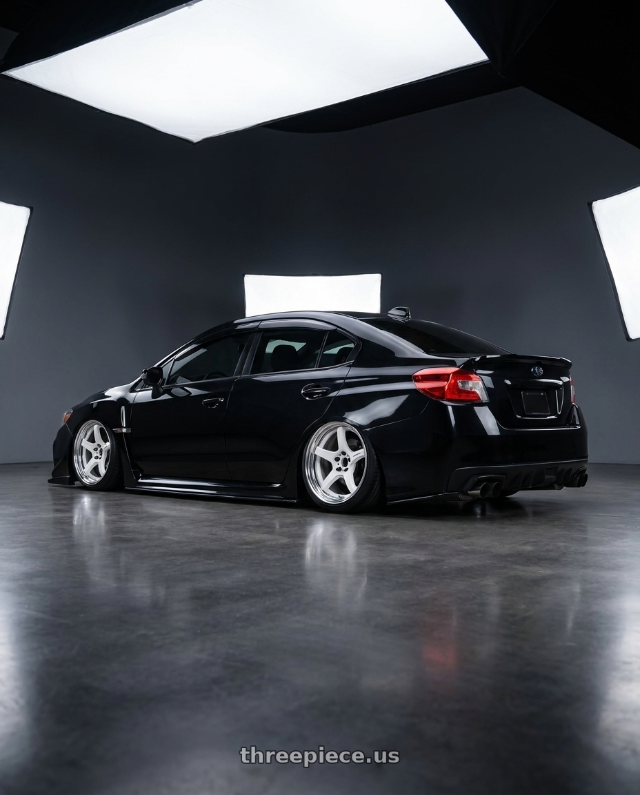 2018 Subaru wrx black with Work T5R 2P 5x114.3 18x10.0 +0 WHITE wheels rear three quarter view slight stretch tires