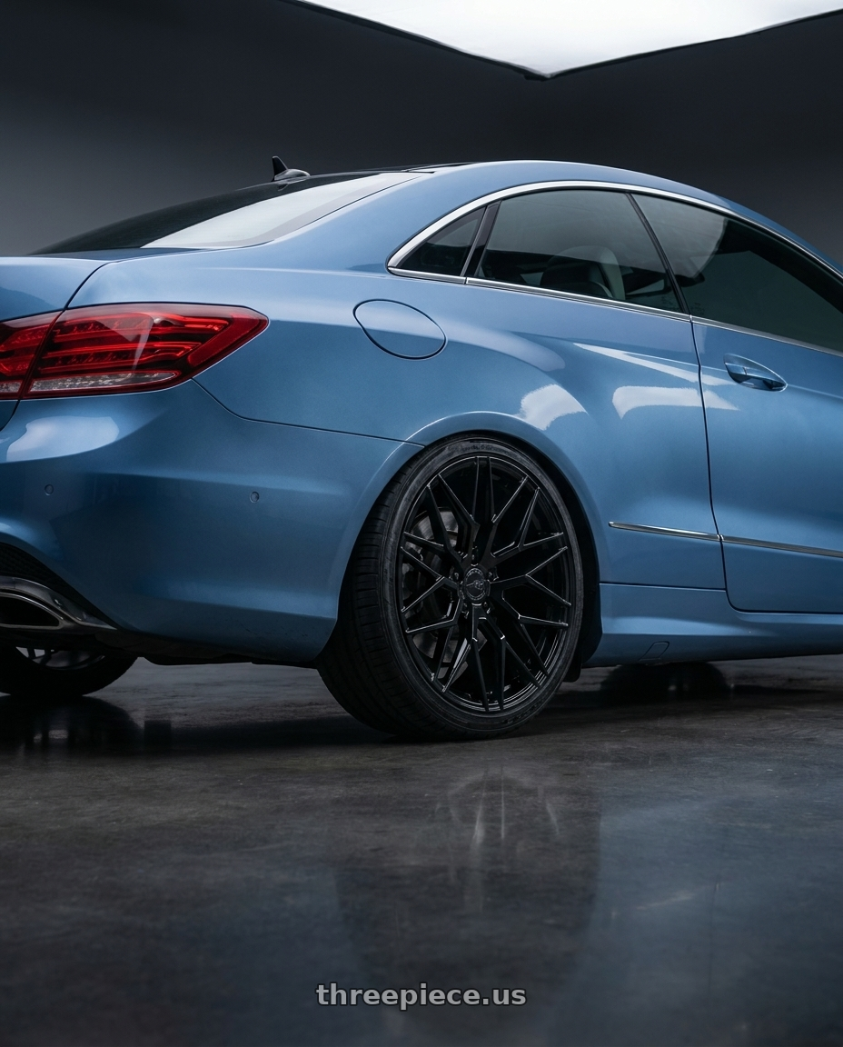 2014 Mercedes-Benz E-Class Coupe C207 with Avant Garde Wheels M520R 5X112 19x9.5 +40 Gloss Black wheels rear three quarter view square tires