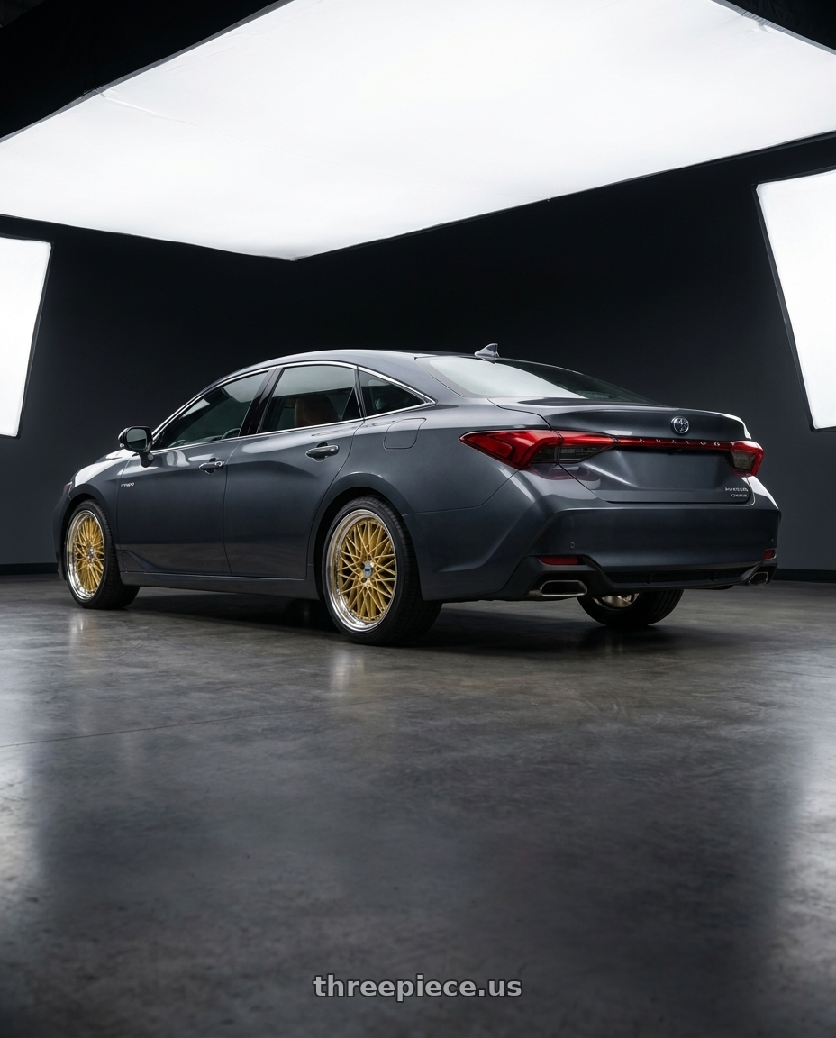 2019 Toyota Avalon Hybrid Limited with SSR Formula MESH 5X100 18X7+6 HP Disk Fm Gold wheels rear three quarter view square tires