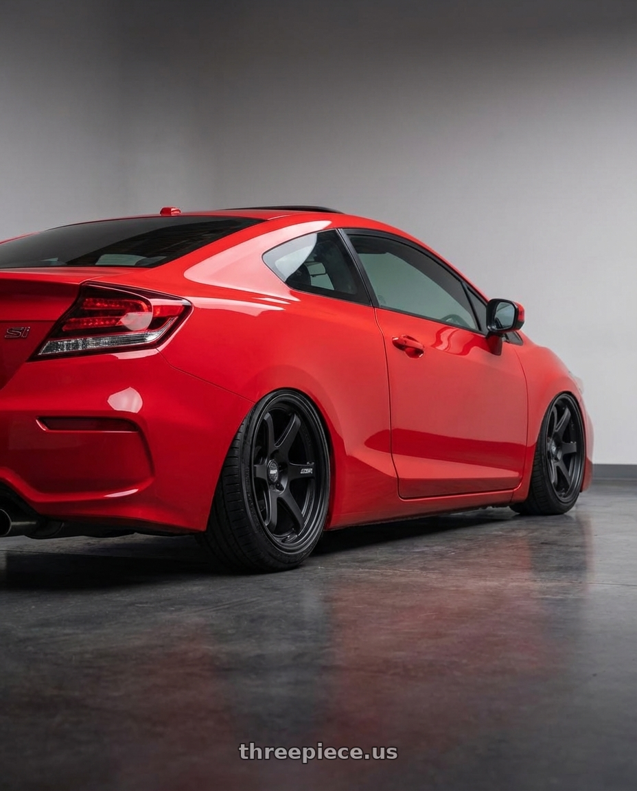 2011 Honda Civic Si with ESR Wheels APEX SERIES AP6 5x114.3 18x9.5 +22 Matte Black wheels rear three quarter view slight stretch tires