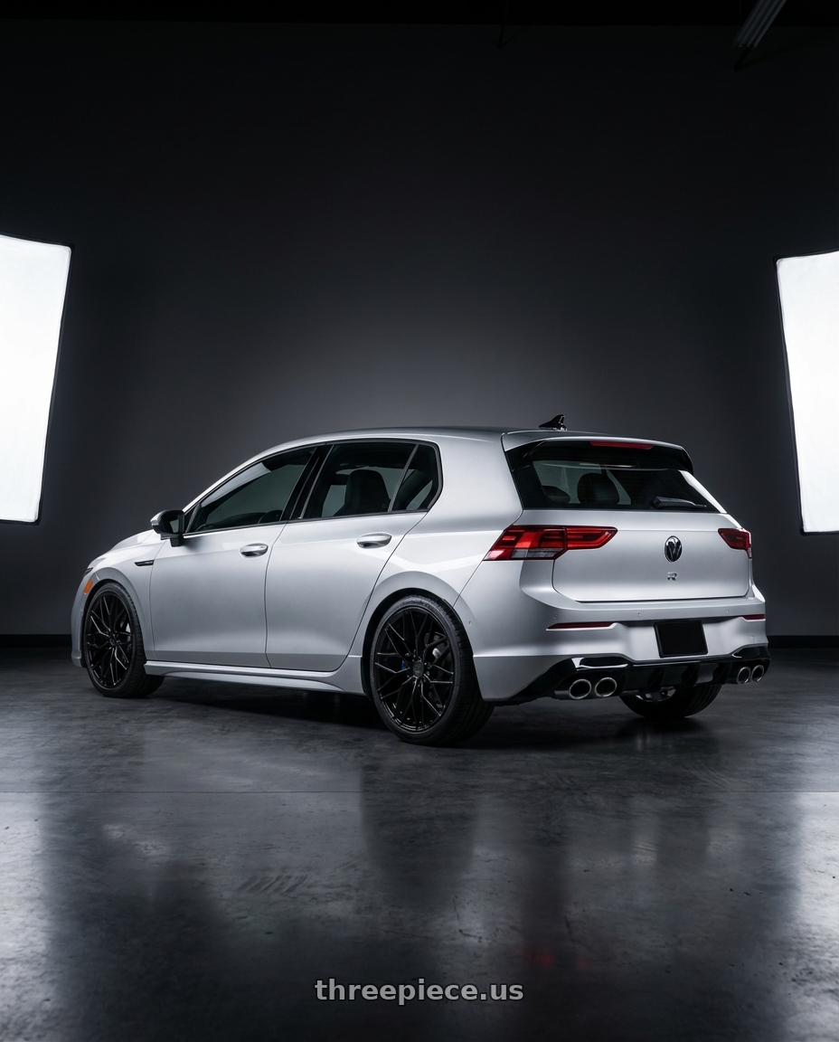 2024 Volkswagen Golf R MK8 with Avant Garde Wheels M520R 5X112 19x9.5 +40 Gloss Black wheels rear three quarter view square tires