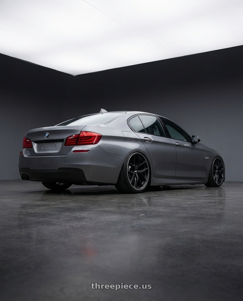 2016 BMW 5 Series F10 with BBS CC-R 5x120 20x8.5+32 Satin Black wheels rear three quarter view slight stretch tires