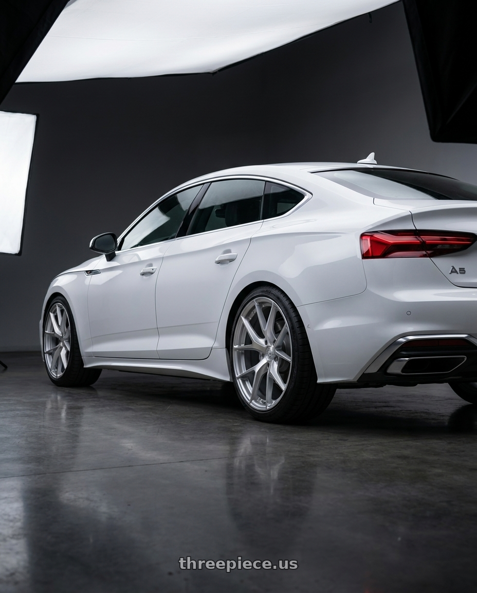 2023 Audi a5 s line with Aodhan AFF7 5x112 19x8.5+35 Gloss Silver Machined Face wheels rear three quarter view square tires