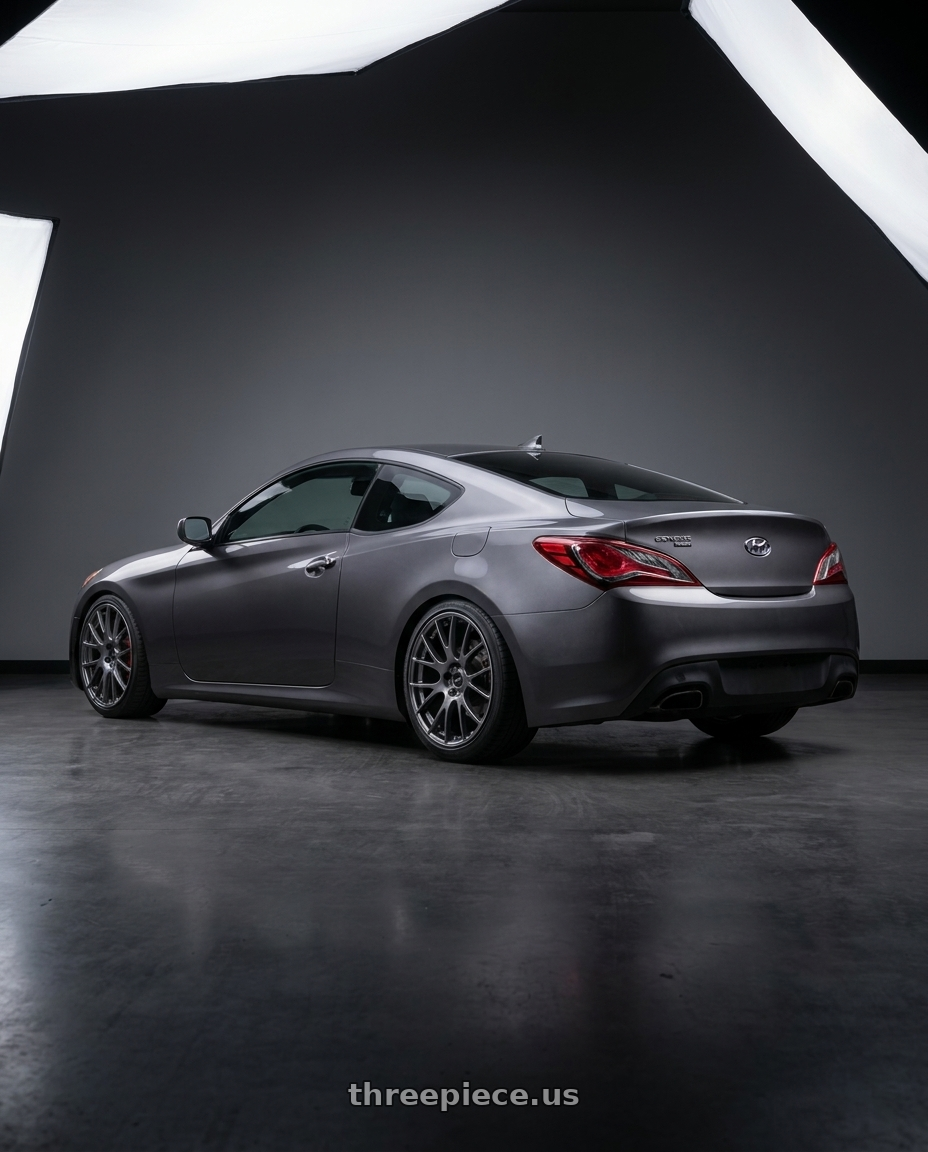 2014 Hyundai Genesis Coupe with Ssr Gtv04 5x114.3 19×8.5x8.5+38  METALLIC GRAY wheels rear three quarter view square tires