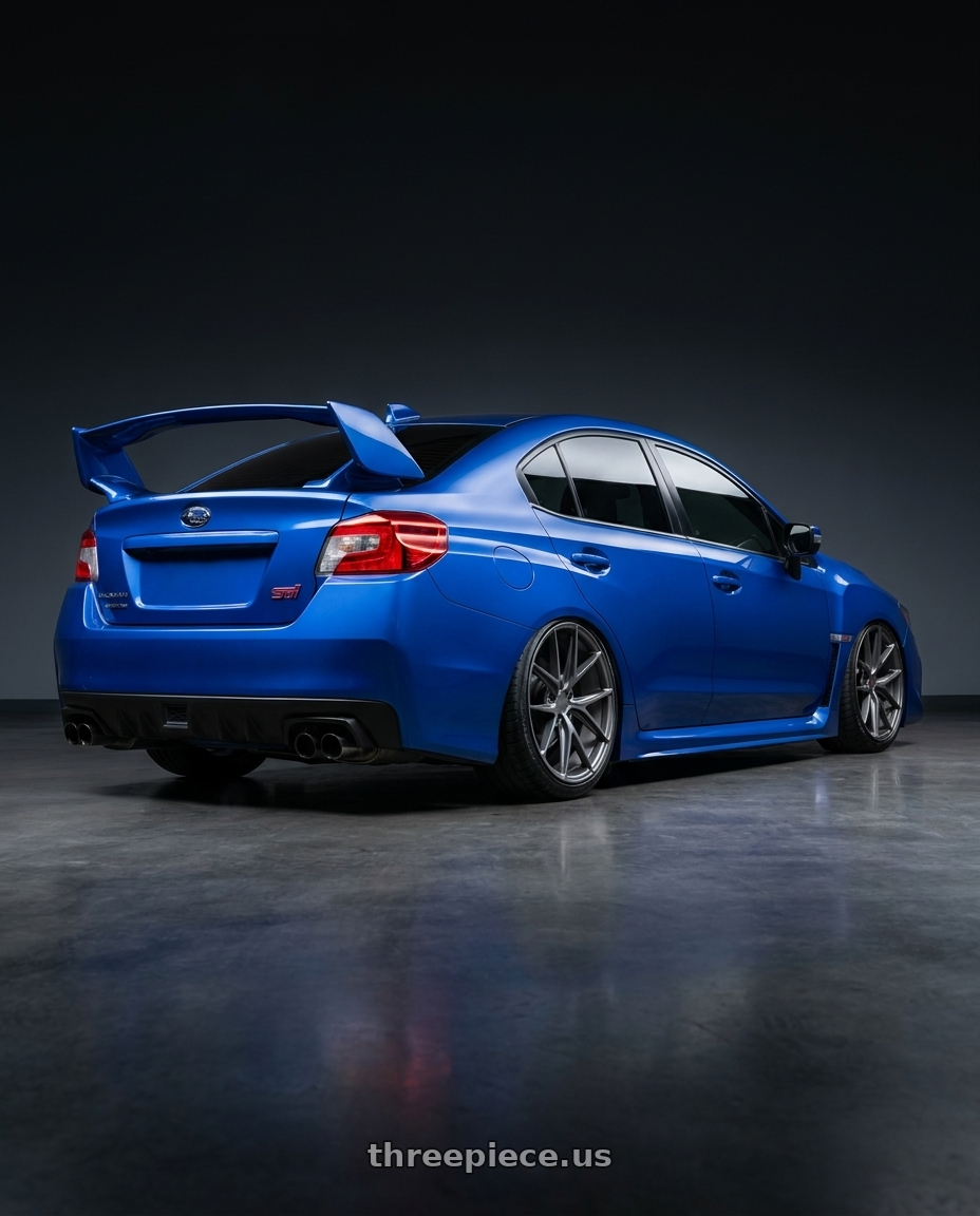 2013 Subaru WRX STI with Niche 1PC M116 MISANO 5X114.3 18X9.5 +40 MATTE GUN METAL wheels rear three quarter view slight stretch tires