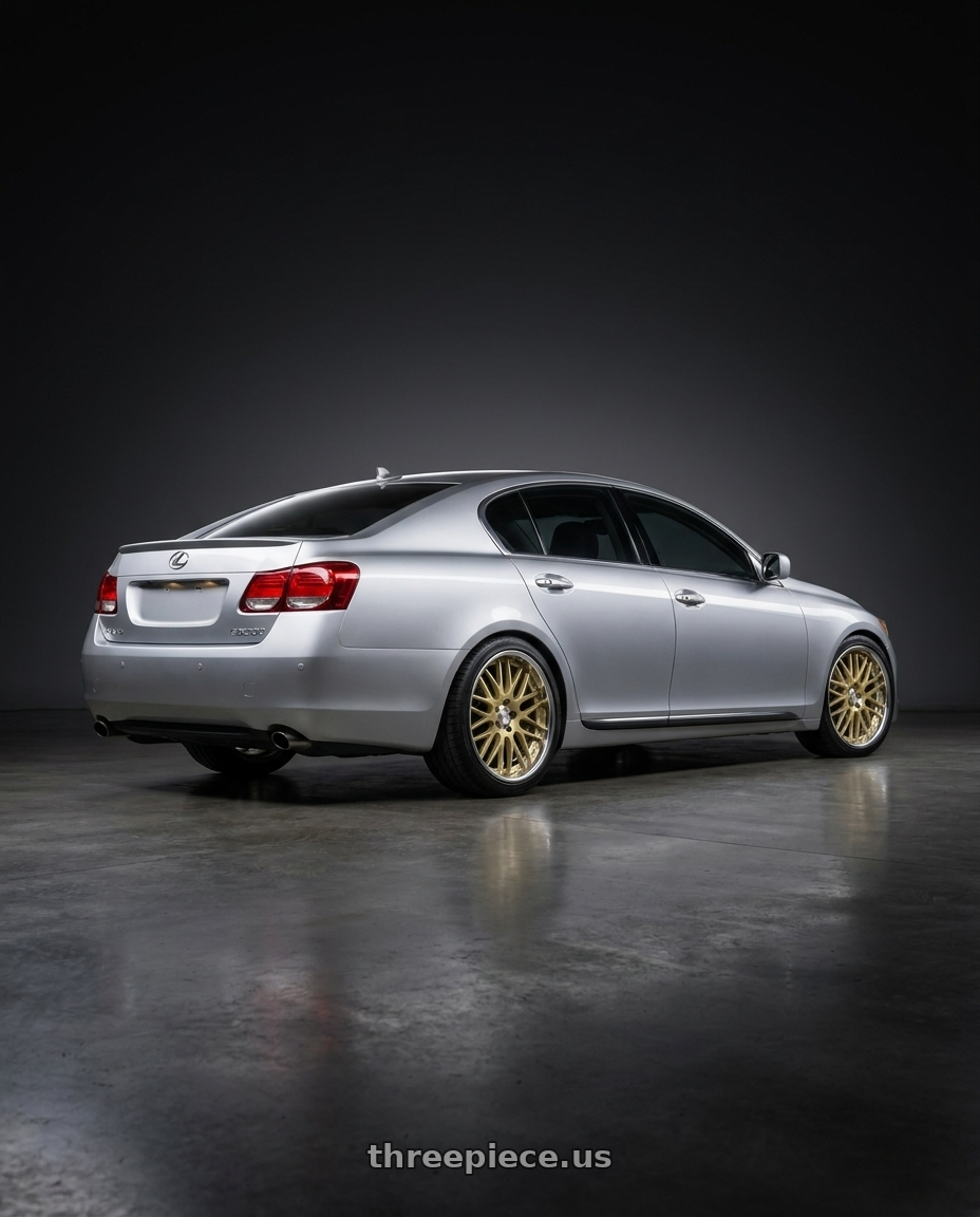 2006 Lexus gs300 with Work Lanvec Lm1 5x114.3 19x9.5+38 A Disk Light Metallic Gold wheels rear three quarter view square tires