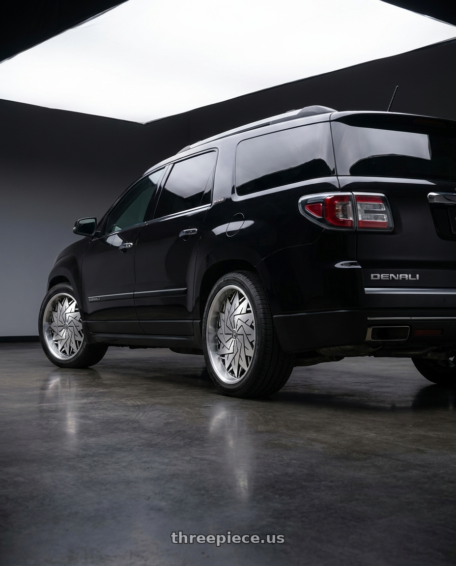 2016 GMC Acadia Denali AWD with DUB 1PC S234 DAZR BLANK 26X10 +5 GLOSS BLACK MACHINED wheels rear three quarter view square tires