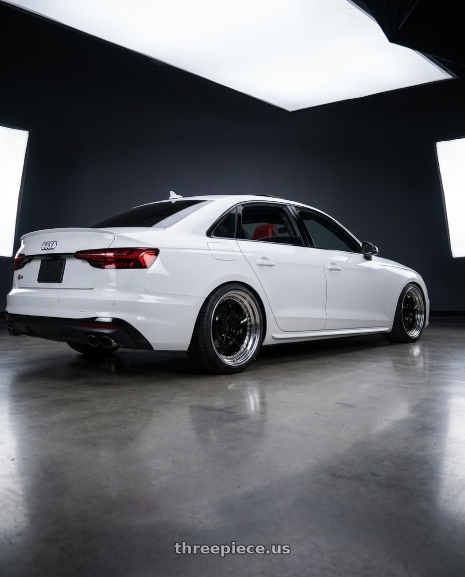 2020 Audi S4 with Work Meister S1 3P 5x100 18x9.5-9 A Disk Black wheels rear three quarter view square tires
